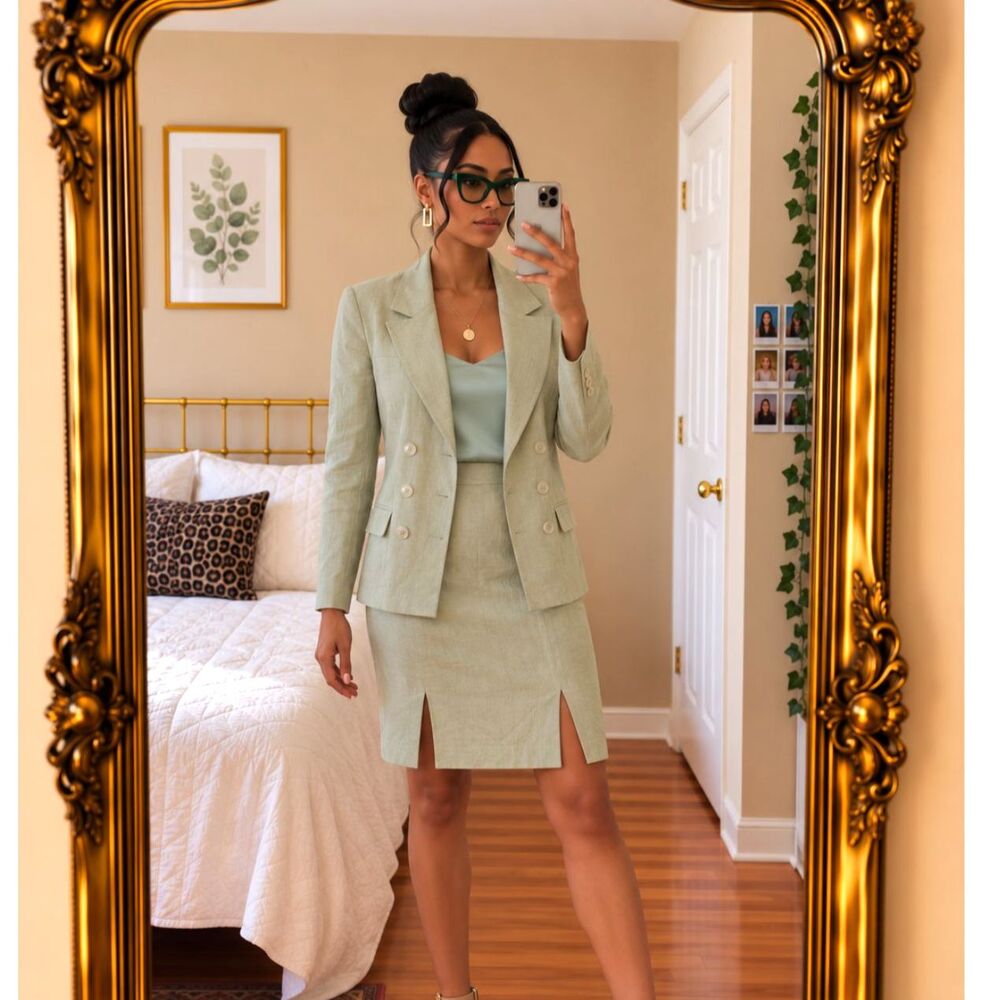 Vtg Womens Linen-Look Skirt Suit Olive Green Double Breasted Blazer 2 Piece